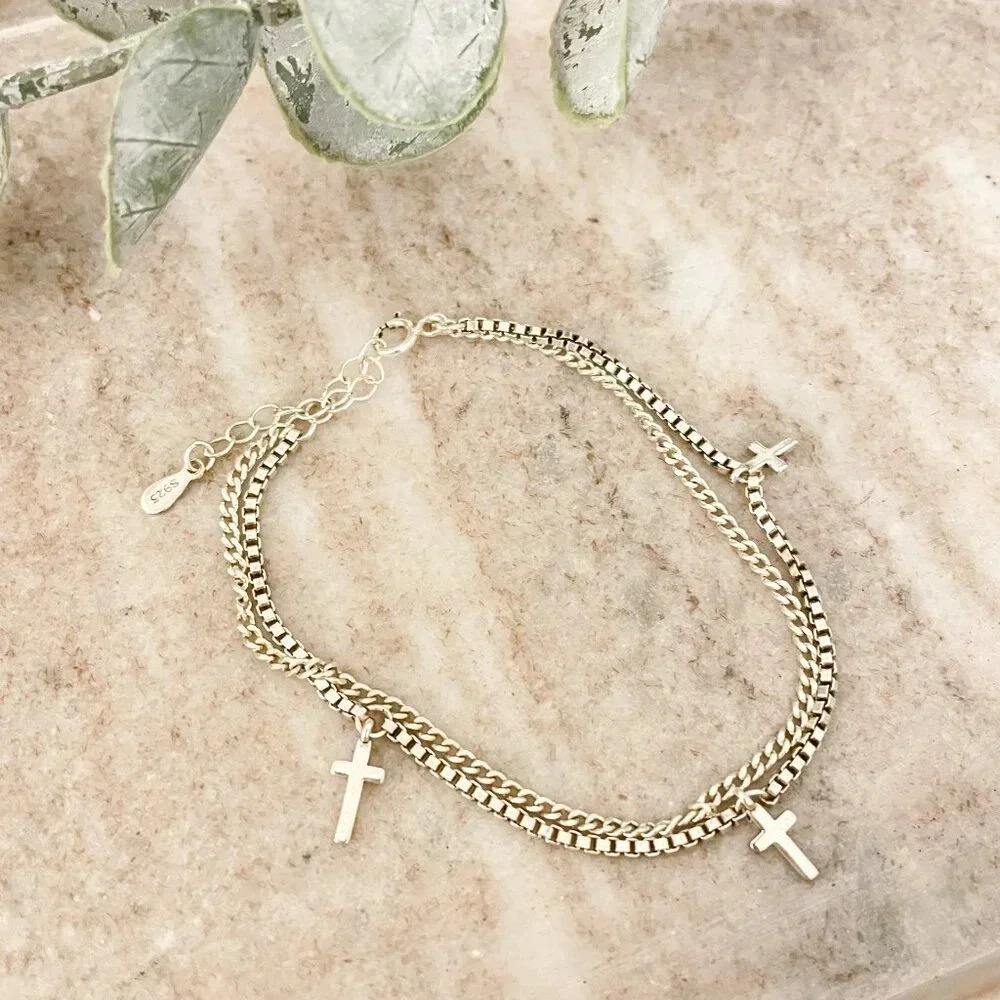 925 Sterling Silver Dainty Box Chain Bracelet Thin Dangle Cross Charm Bracelet